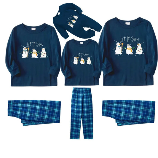 Christmas Family Matching Pajamas-Navy & Sky Blue Plaid Pjs Set with "Let It Snow" and Snowman Pattern Print