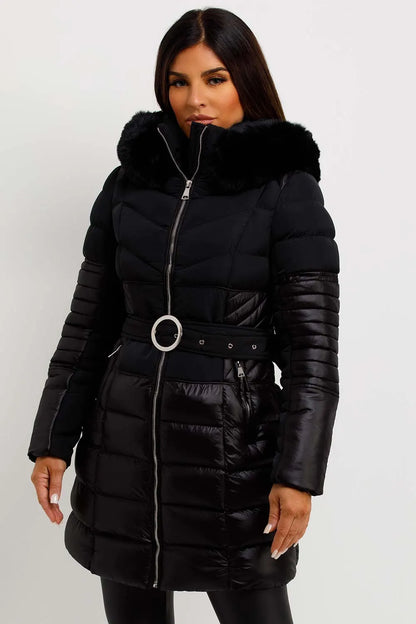 Puffer Coat With Fur Hood And Belt Black