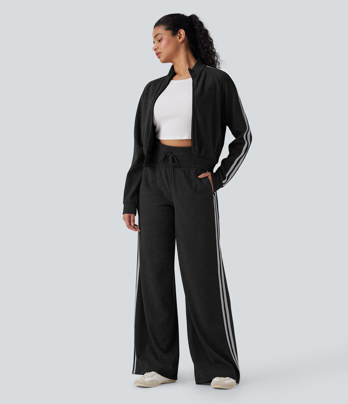Ribbed SoCinched High Waisted Tummy Control Drawstring Wide Leg Color Block Casual Pants with Pockets