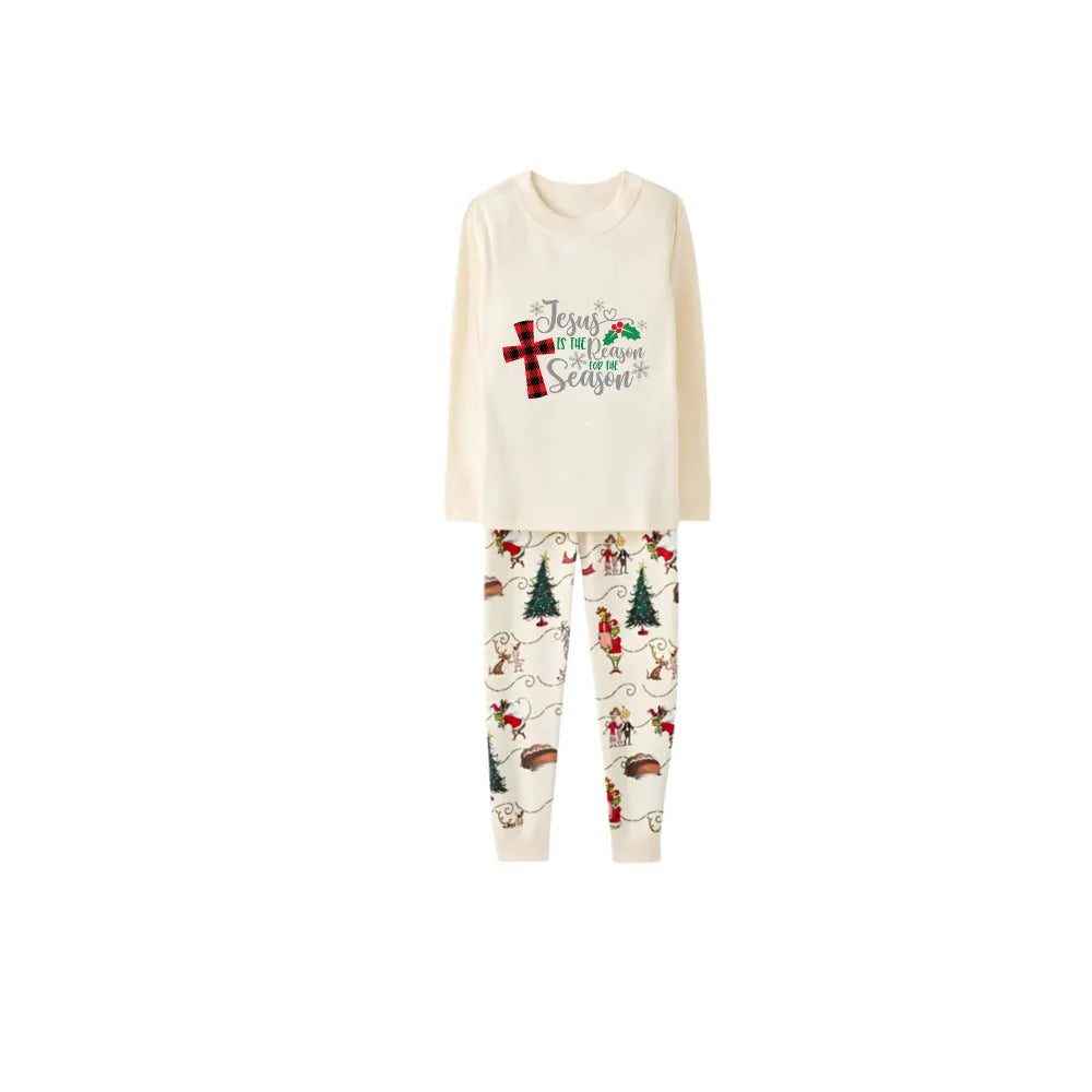 Beige Christmas Pattern Print Christmas Pajamas Set With Jesus Text Print