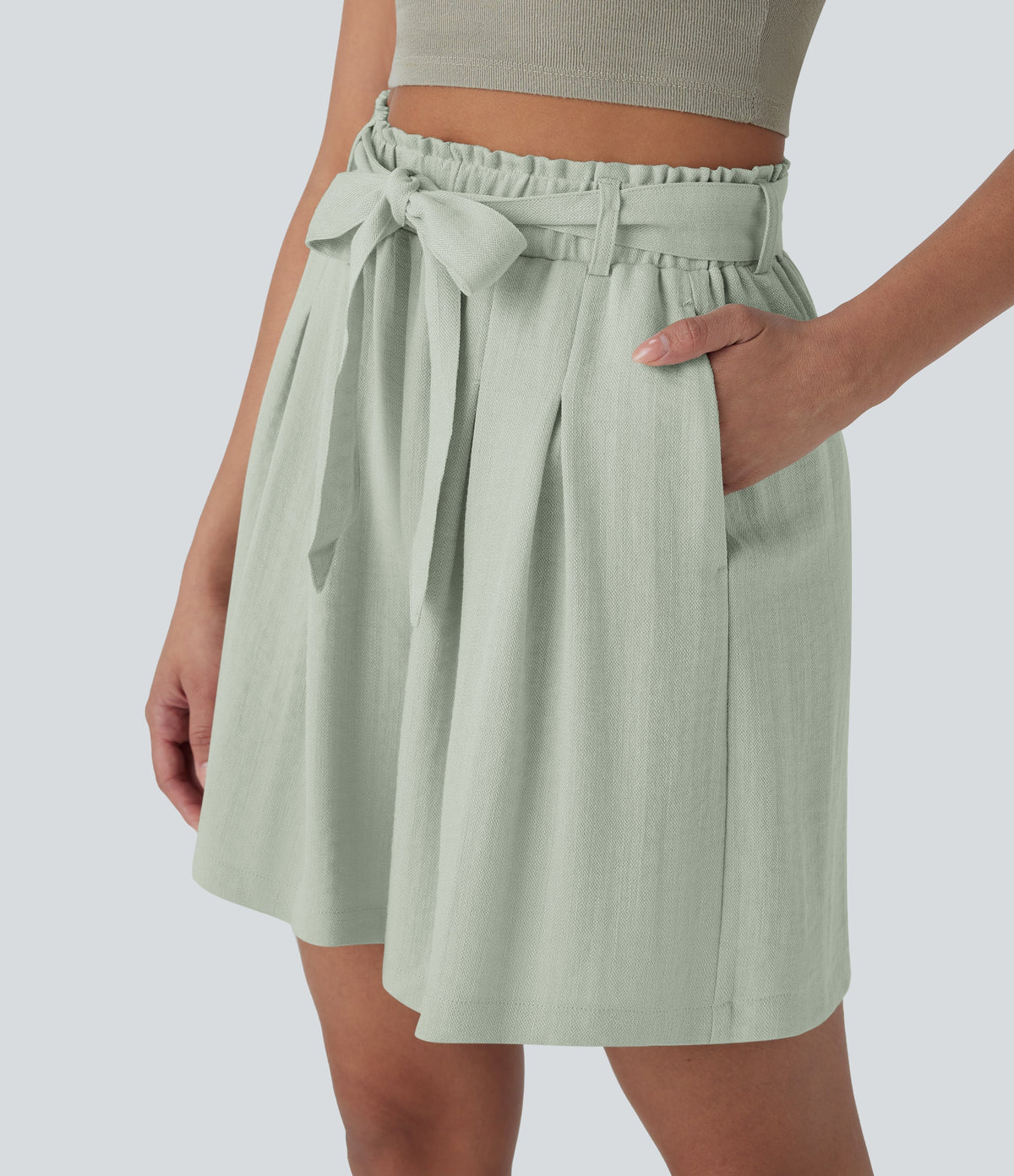 High Waisted Belted Casual Linen-Feel Bermuda Shorts with Pockets