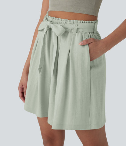 High Waisted Belted Casual Linen-Feel Bermuda Shorts with Pockets