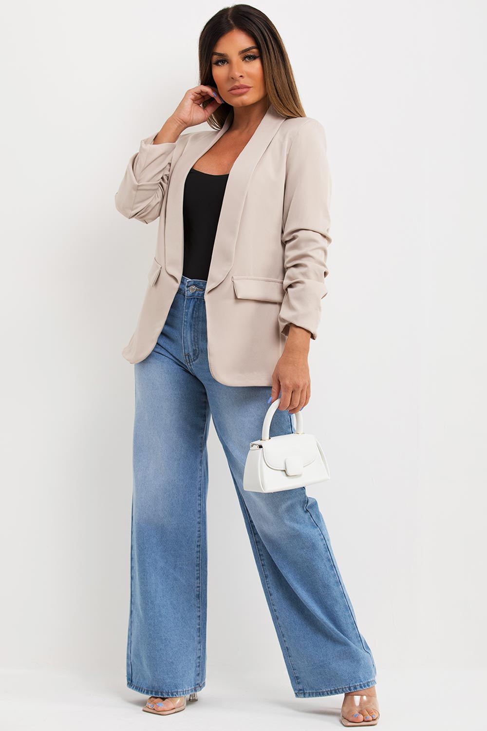 Beige Ruched Sleeve Blazer Jacket
