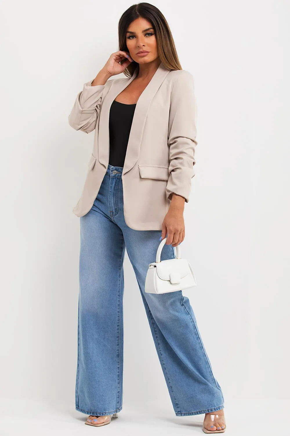 Beige Ruched Sleeve Blazer Jacket