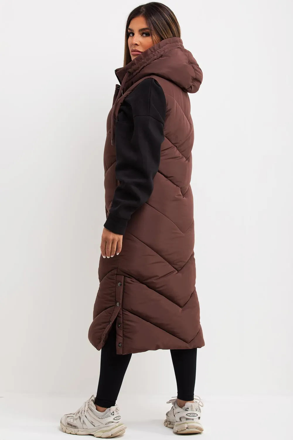 Brown Long Gilet With Chevron Padded Style