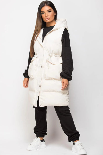 Padded Longline Gilet With Drawstring Waist Beige