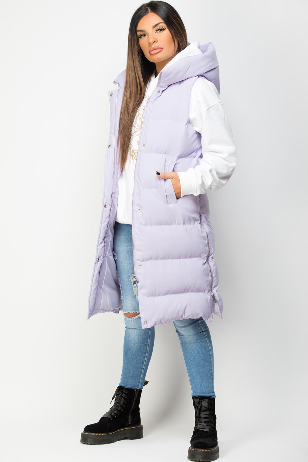 Padded Longline Hooded Gilet Lilac