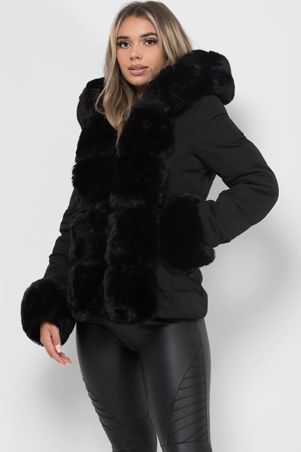 Puffer Jacket With Luxury Faux Fur Hood And Trim Black