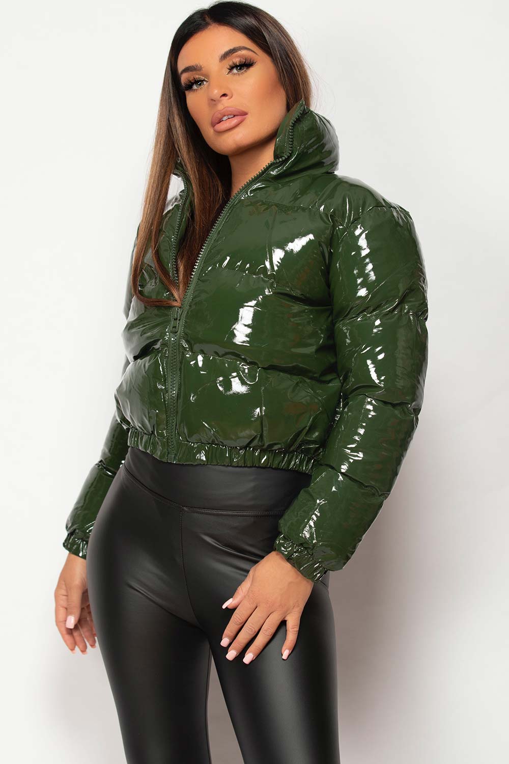 High Shine Vinyl Puffer Jacket Cropped Khaki