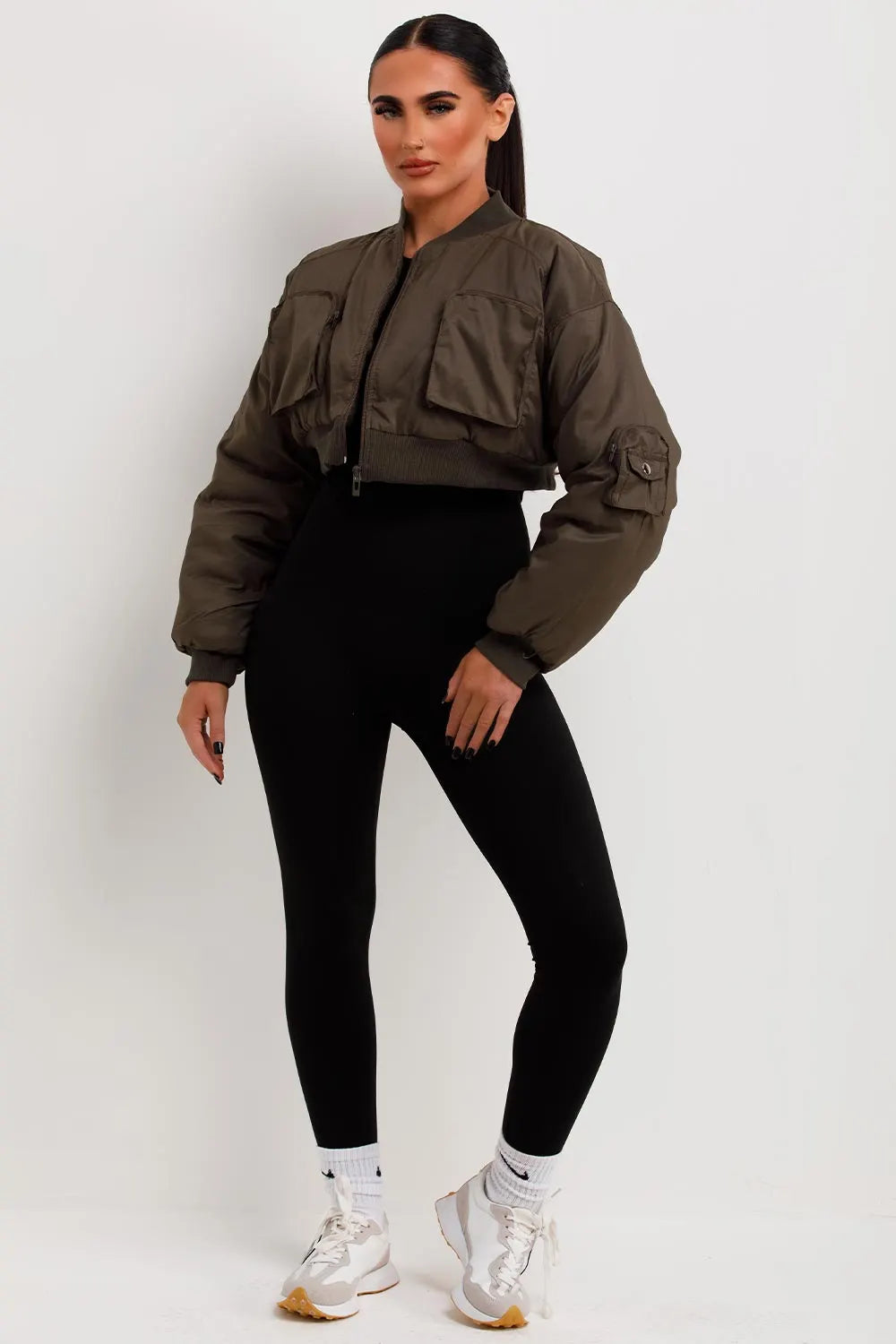 Crop Bomber Jacket With Pockets Khaki