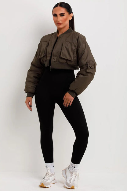 Crop Bomber Jacket With Pockets Khaki