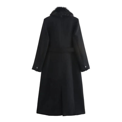 Women's Long Sleeve Lapel Single Breasted Coat with Belt Pocket - Warm Winter & Autumn Outerwear