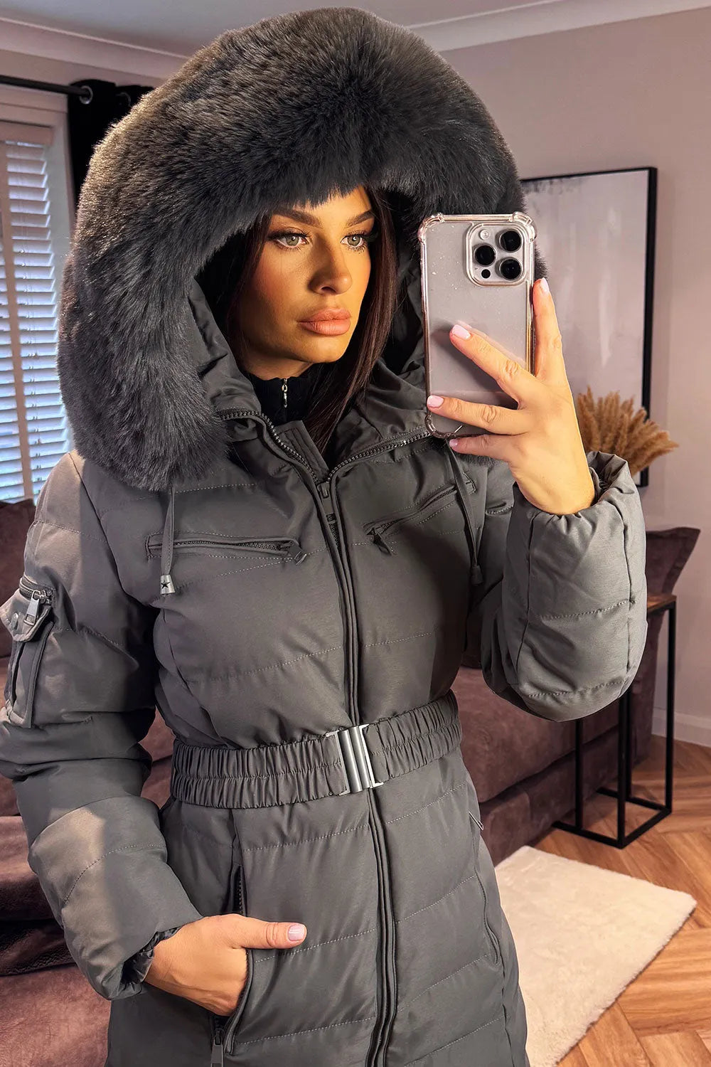 Longline Puffer Padded Coat With Fur Hood And Belt Grey
