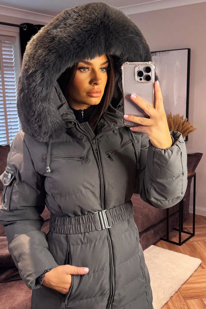 Longline Puffer Padded Coat With Fur Hood And Belt Grey