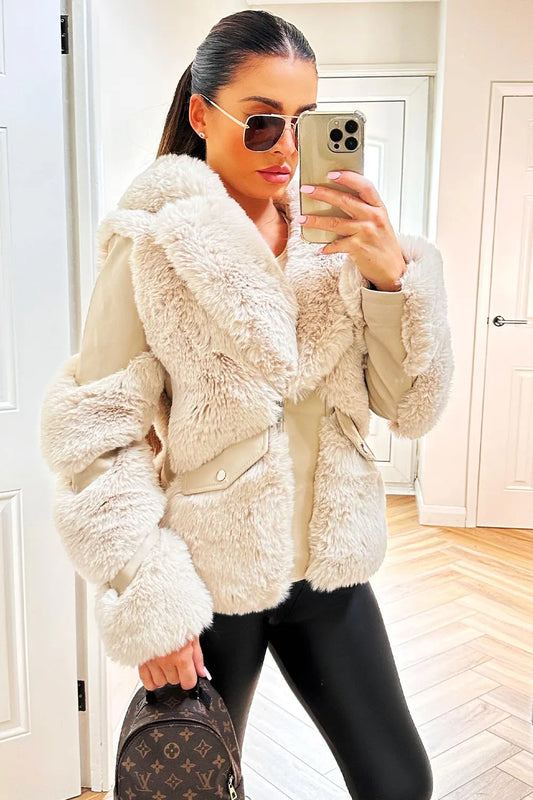 Faux Fur Lined Faux Leather Aviator Jacket Beige