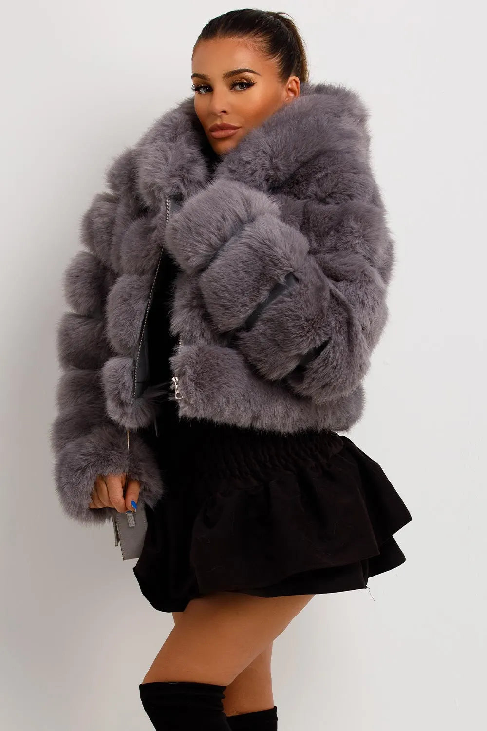 Grey Faux Fur Coat With Hood