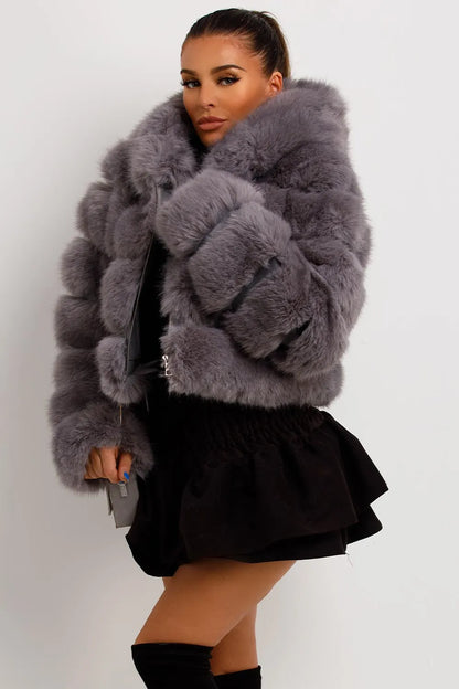 Grey Faux Fur Coat With Hood