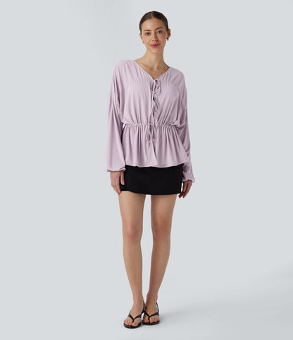 Long Sleeve Lace Up Drawstring Work Blouse