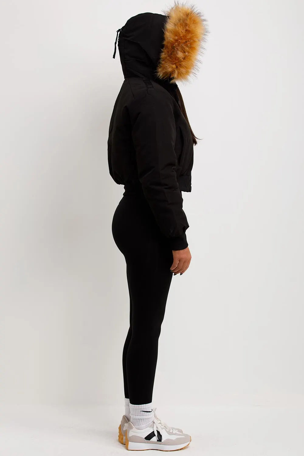 Canada Crop Bomber Jacket With Fur Hood Black