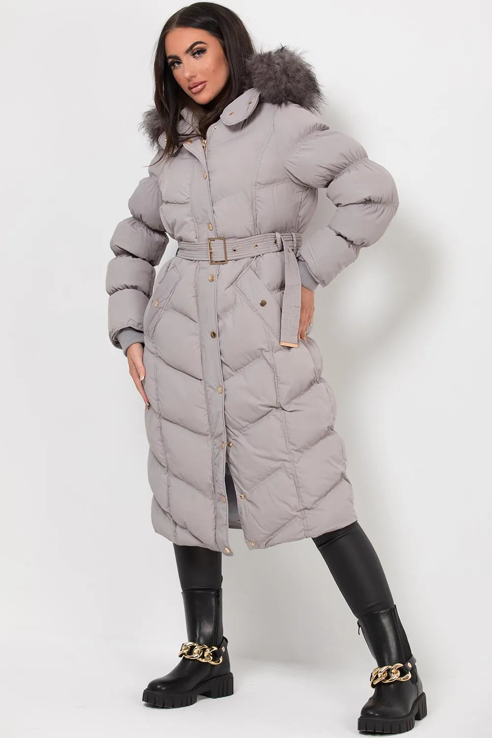 Long Puffer Coat With Fur Hood And Belt Grey