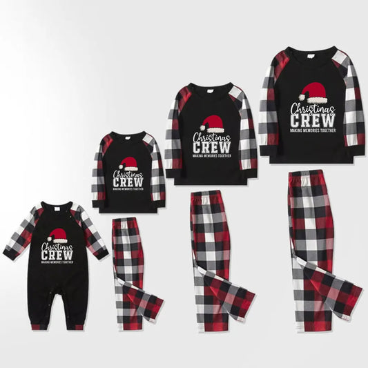 Christmas Family Matching Pajamas-Red and Gray Plaid Pjs set with Santa Hat and “Christmas Crew Making Memories Together” Print