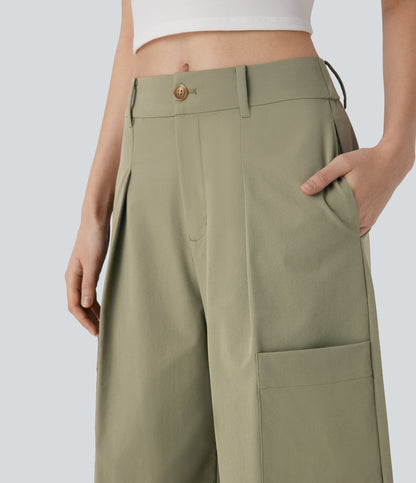 Mid Rise Wide Leg Work Pants with Pockets