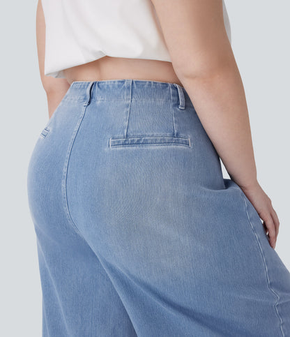 FlexTM High Waisted Pockets Washed Casual Wide Leg Plus Size Jeans