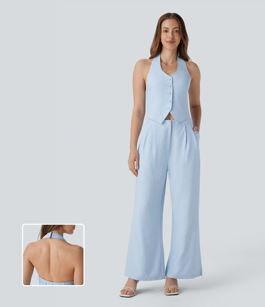 Halter Shirred Wide Leg Work Jumpsuit with Pockets