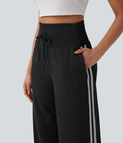Ribbed SoCinched High Waisted Tummy Control Drawstring Wide Leg Color Block Casual Pants with Pockets