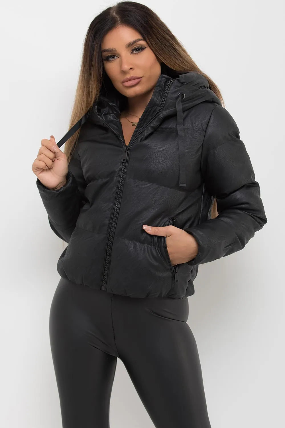 Faux Leather Puffer Jacket With Hood Black