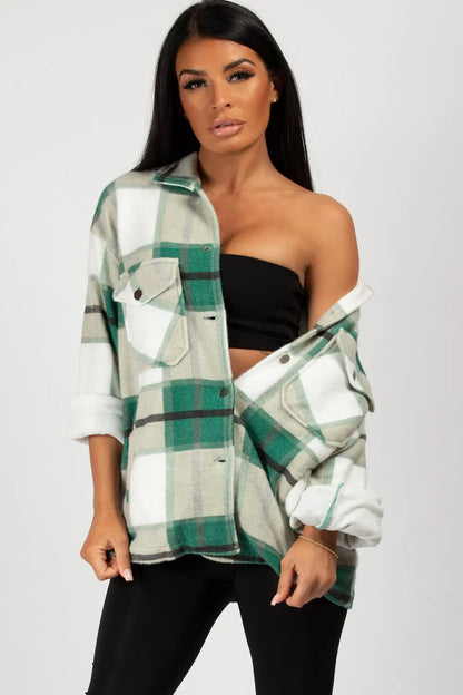 Green Check Oversized Shacket Shirt
