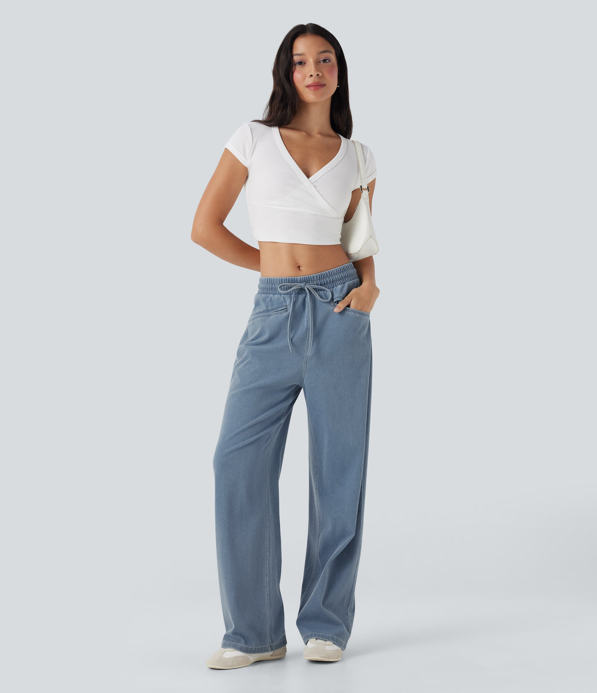 FlexTM High Waisted Drawstring Wide Leg Cool Touch Casual Jeans with Pockets