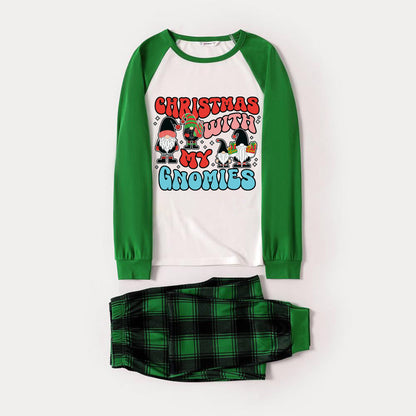 Green Raglan Top Green Plaid Christmas Pajamas Set With "CHRISTMAS WITH MY GNOMIES" Print