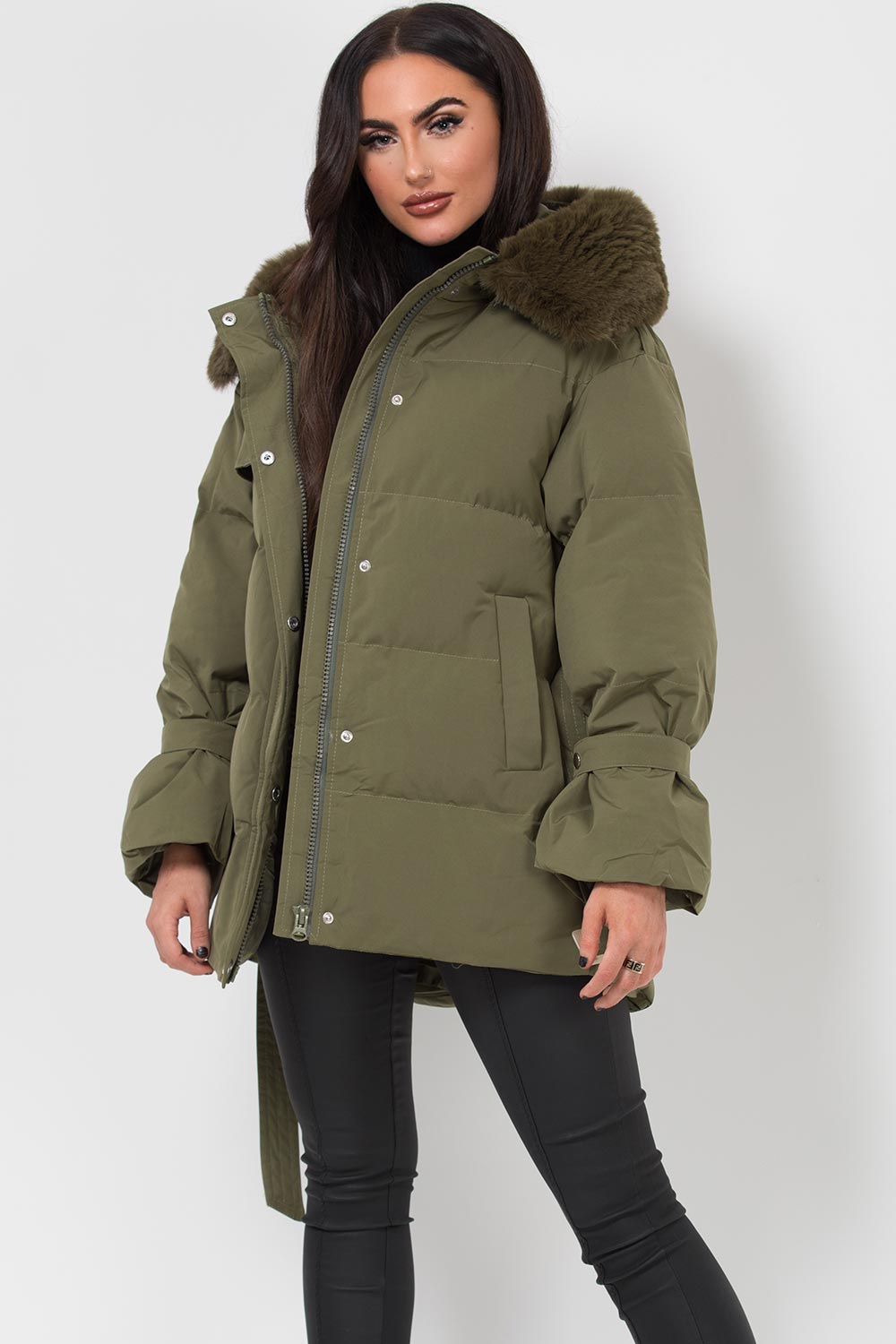 Khaki Puffer Padded Coat With Faux Fur Hood