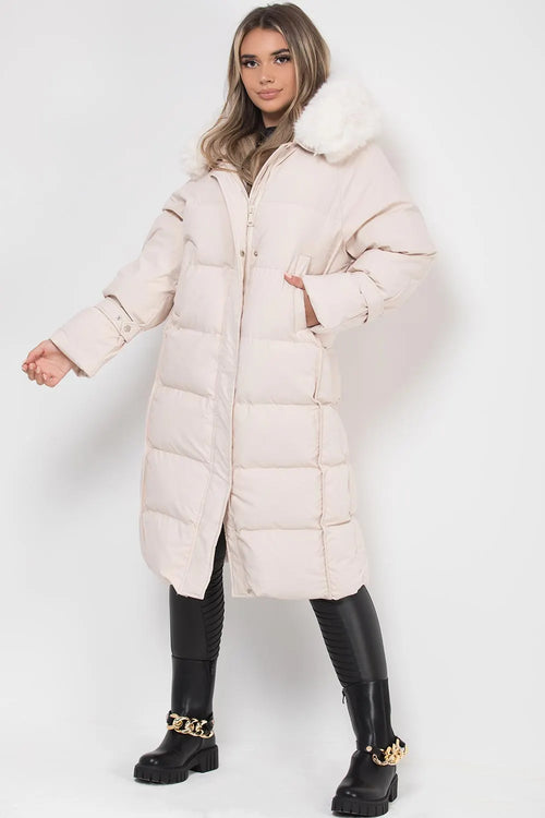 Long Puffer Down Coat With Faux Fur Hood Beige