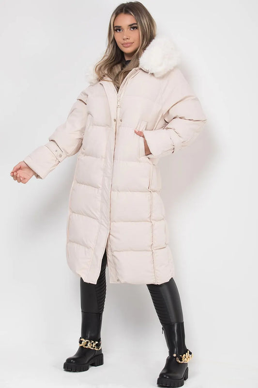 Long Puffer Down Coat With Faux Fur Hood Beige