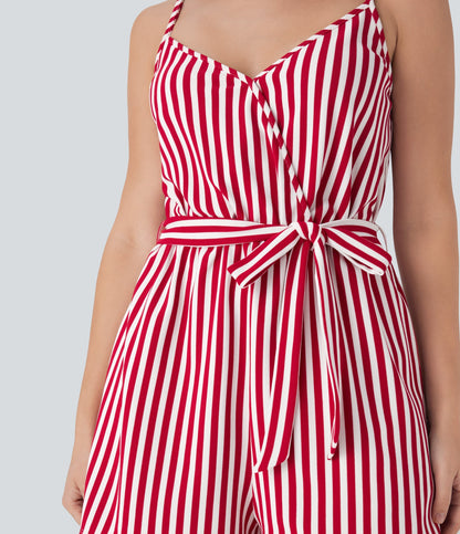 V-neck Snap Belted Stripe Waffle Jumpsuit with Pockets