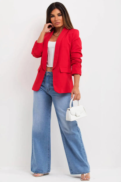Red Ruched Sleeve Blazer