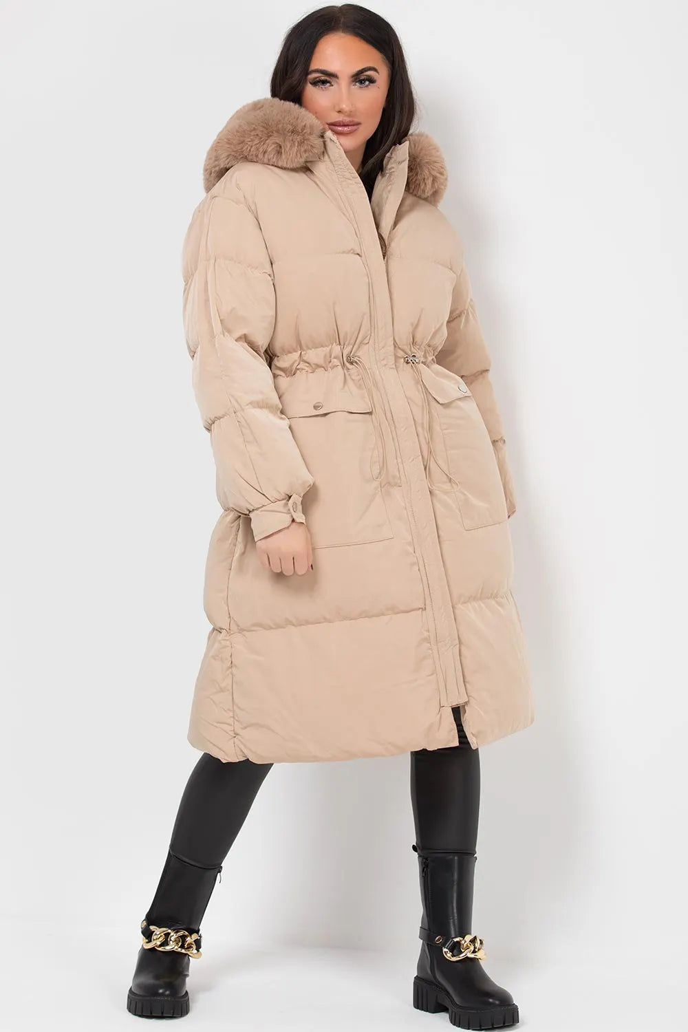 Long Puffer Coat With Faux Fur Hood And Drawstring Waist Beige