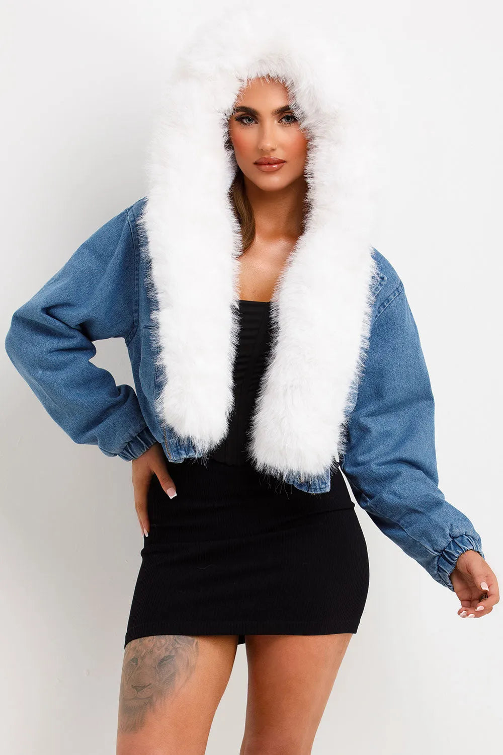 Denim Bomber Jacket With White Faux Fur Hood And Trim
