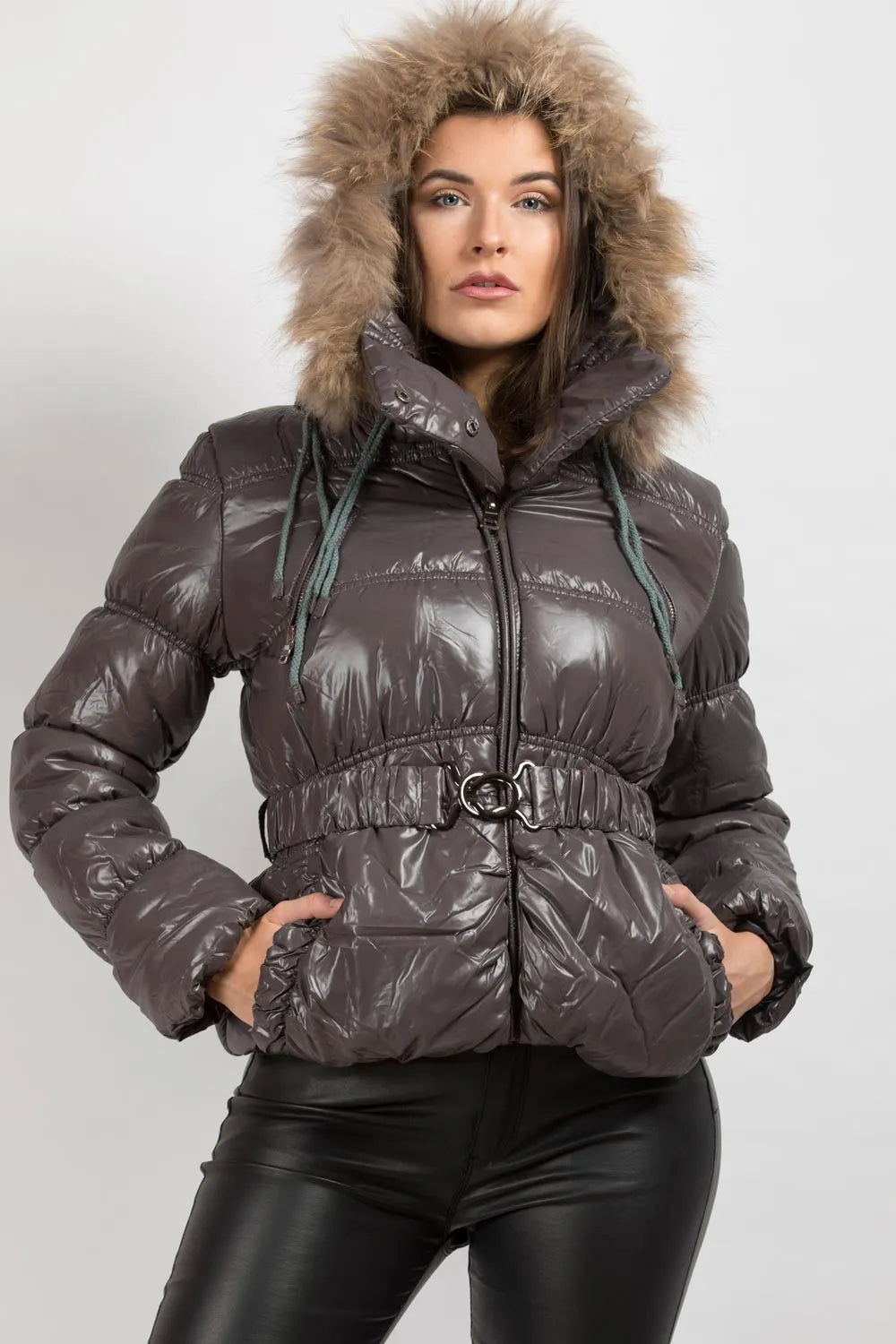 Shiny Puffer Coat With Fur Hood Belted