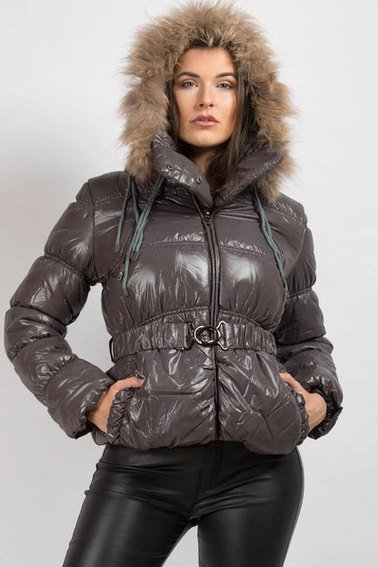 Shiny Puffer Coat With Fur Hood Belted