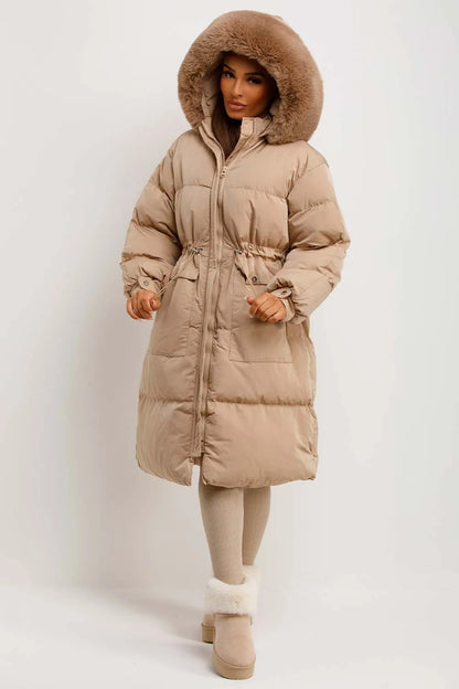 Long Puffer Coat With Faux Fur Hood And Drawstring Waist Beige