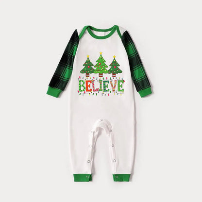 Green Raglan Top Green Plaid Christmas Pajamas Set With "BELIEVE" and Christmas Tree Print