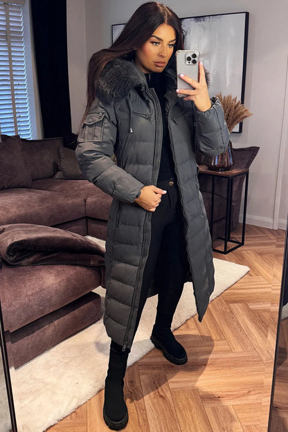Longline Puffer Padded Coat With Fur Hood And Belt Grey