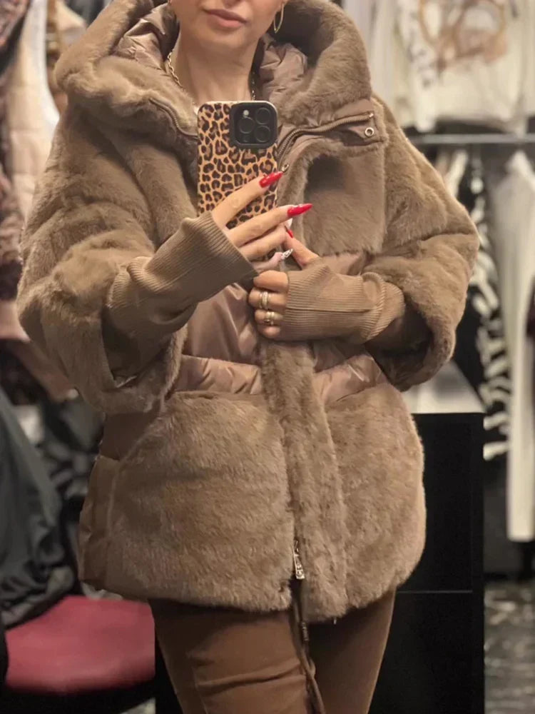 Women Hooded Plush Patchwork Casual Coat