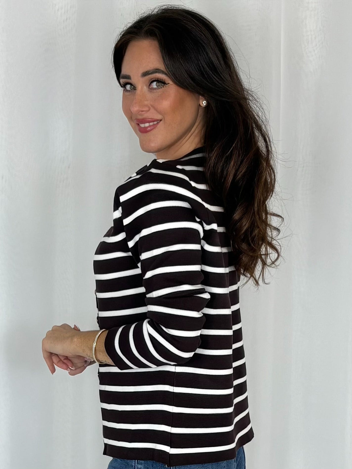 Striped Half Moon Shaped Gold Button Cardigan (3 Colours)