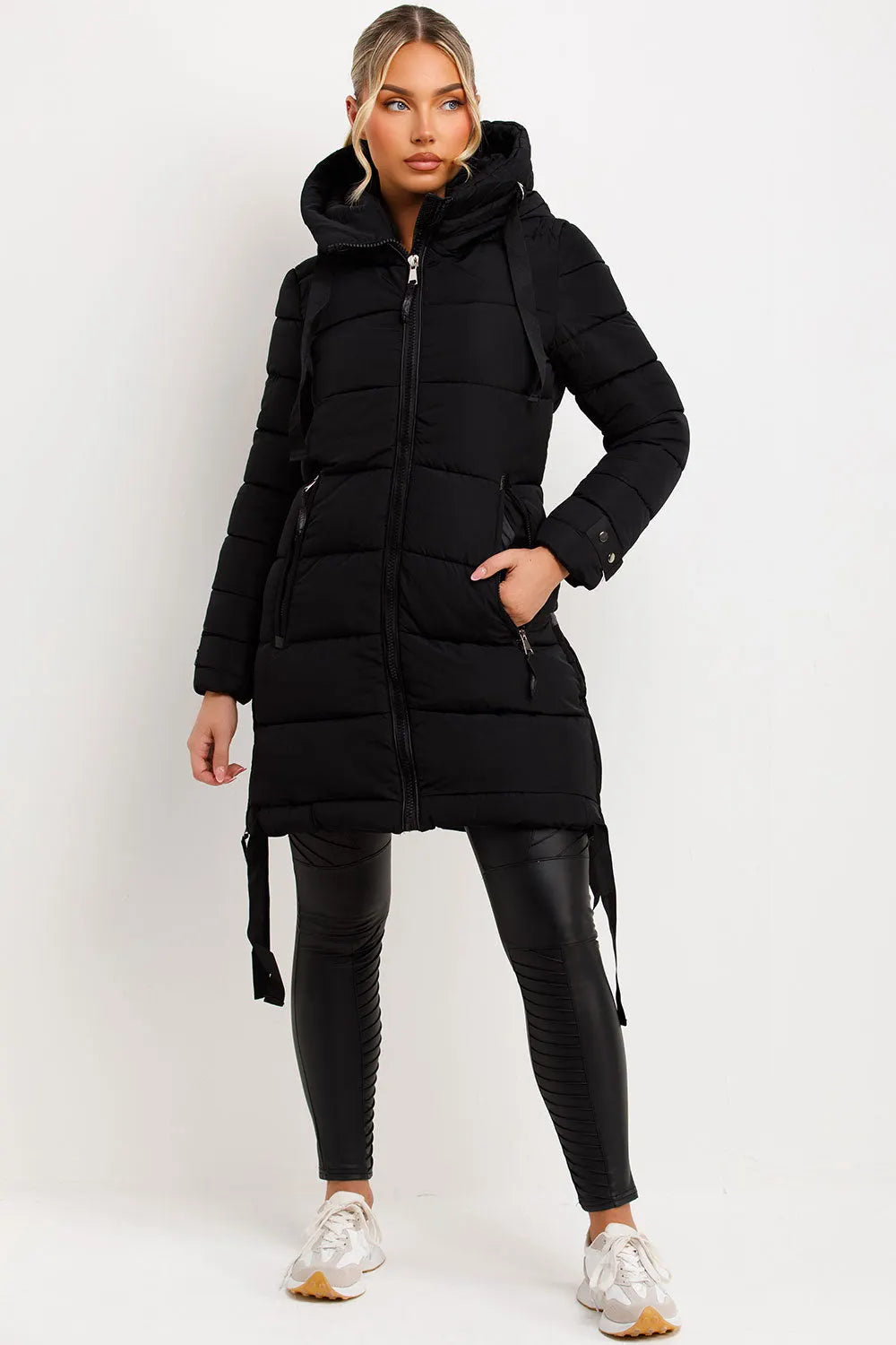 Long Puffer Coat With Hood And Side Straps Black
