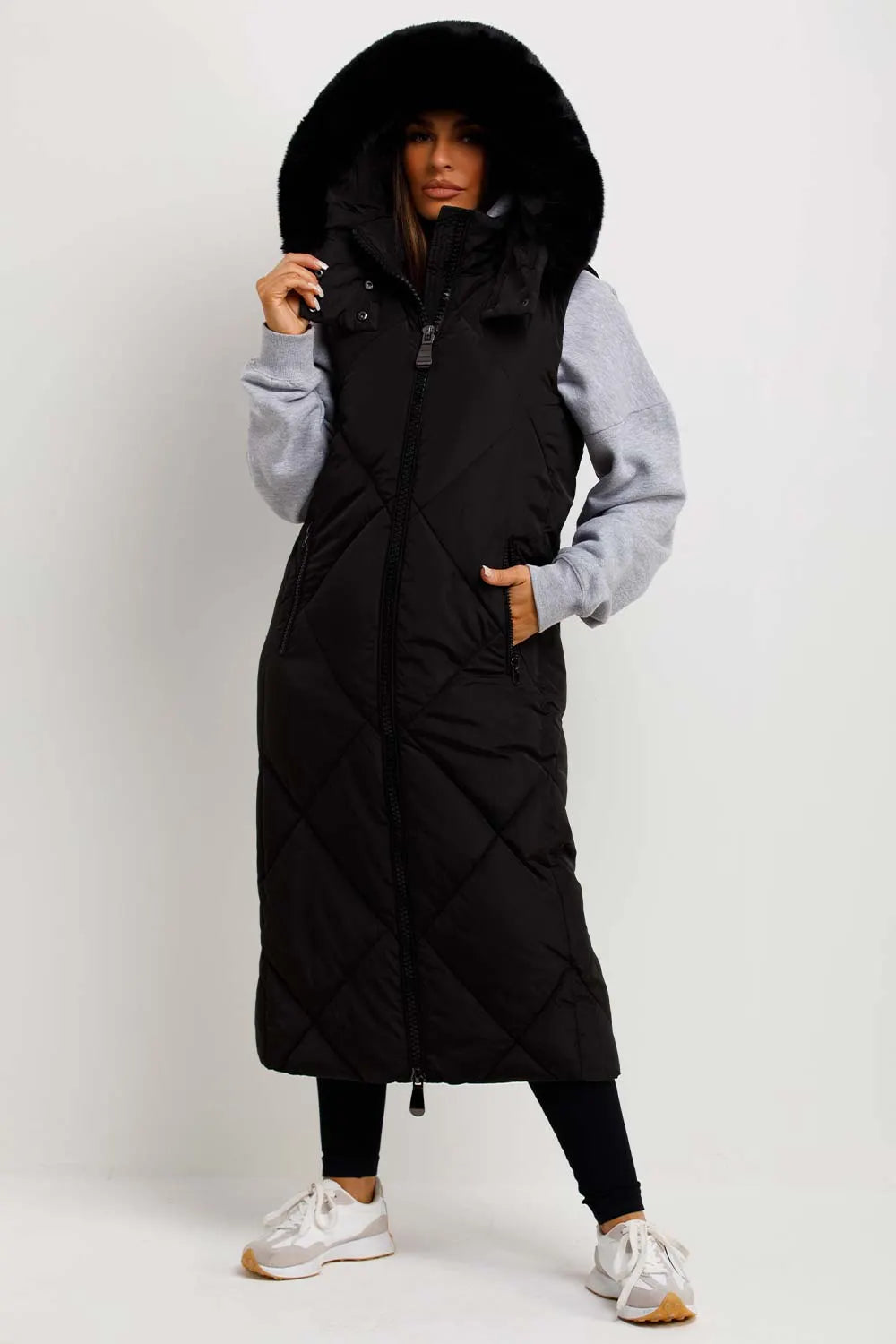 Black Long Puffer Gilet With Fur Hood