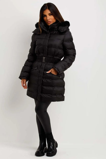 Puffer Padded Coat With Fur Hood And Belt Black